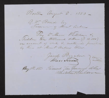 1853-08-08 Washington Tower Invoice: Whitcher & Sheldon (recto)