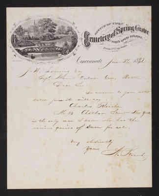 1892-06-27 Letter: A. Strauch, Cemetery of Spring Grove, to Supt. Lovering, "swans; letterhead," 2014.020.007-003