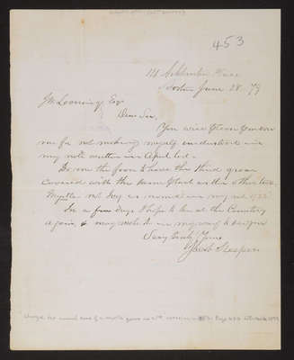 Letter: Jacob Sleeper to Mr. Lovering, 1879, concerning myrtle on grave