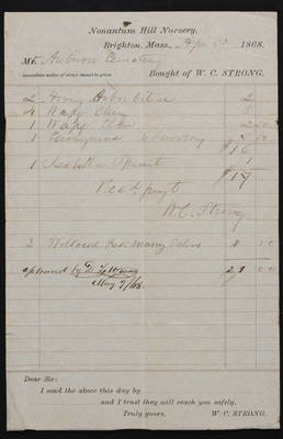 Horticulture Invoice: W. C. Strong, Nonantum Hill Nursery, 1868 April 30 (recto)