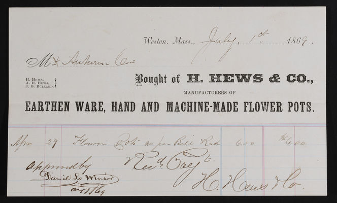 Horticulture Invoice: H. Hews & Co., 1869 (recto)