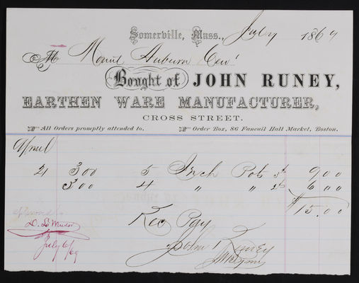 1869-07 Horticulture Invoice: John Runey, 2021.005.024 