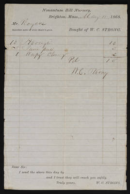 Horticulture Invoice: W. C. Strong, Nonantum Hill Nursery, 1868, May 11 (recto)