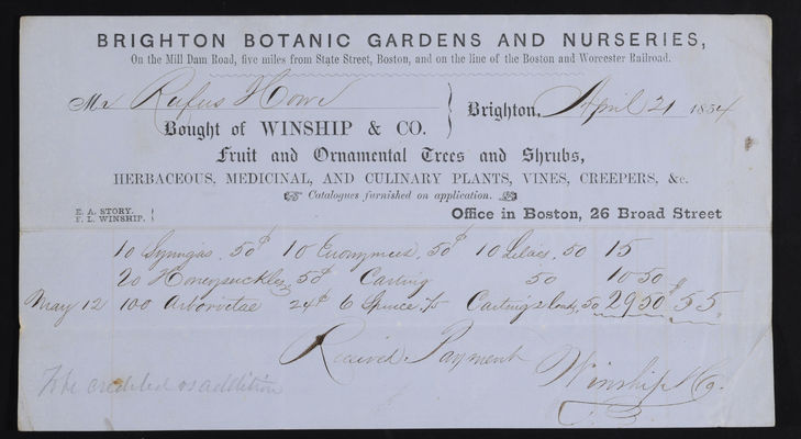 Horticulture Invoice: Winship & Co., Brighton Botanic Gardens and Nurseries, 1854 April 21 (recto)