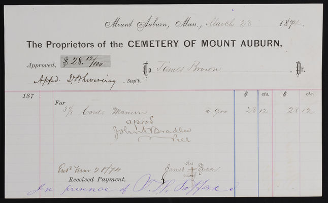 Horticulture Invoice: James Brown, 1874 March 23 (recto)