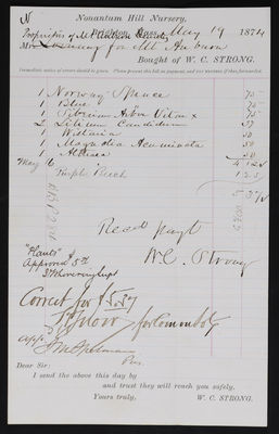 Horticulture Invoice: W. C. Strong, Nonantum Hill Nursery, 1874 May 19 (recto)