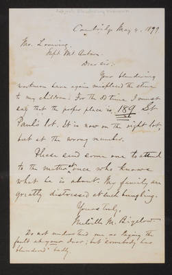Letter: Melville Bigelow to Mr. Lovering, 1879 May 4, concerning blundering workmen