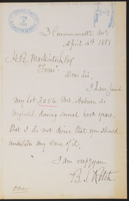 Letter: B. S. Rotch to H.B. MacKintosh, 1881 (page 1)