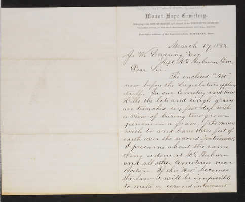 Letter: Samuel Bragg, Supt. of Mount Hope Cemetery to J. W. Lovering, 1882 (page 1)