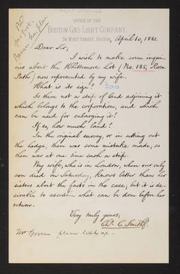 Letter: Charles C. Smith, Boston Gas Light Company, to [Supt.] 1882