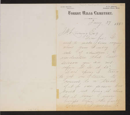 Letter: Oliver Moulton, Forest Hills Cemetery to J. W. Lovering, 1883 (page 1)