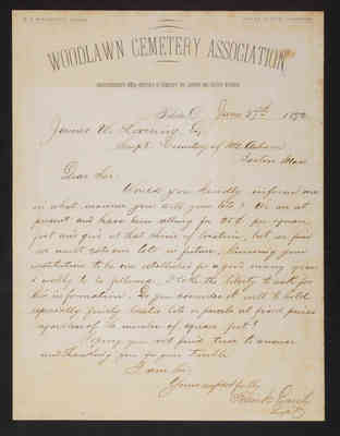 Letter: Frank Eurick, Superintendent of Woodlawn Cemetery, to James W. Lovering, 1882