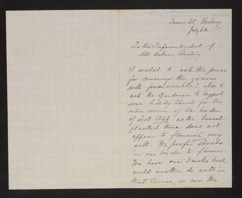 1882-07-06 Letter: Helen M. Parsons to Superintendent [Lovering], "myrtle shrub charges," 2014.020.007-004