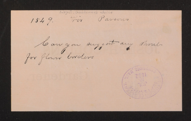 Letter: Parsons to Joseph Collins, Gardener, 1882 (page 1)
