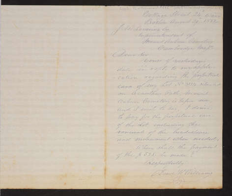 1882-08-29 Letter: David H. Williams to J. W. Lovering, "perpetual care with renewal"