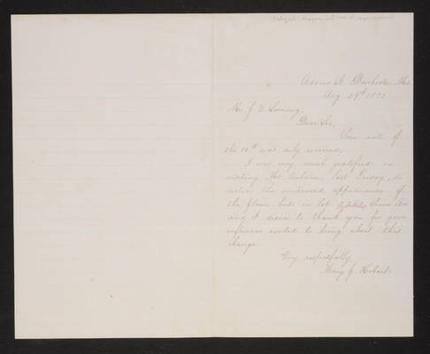 Letter: Mary J. Hobart to Mr. J. W. Lovering, 1882 August 29