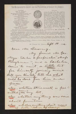 Letter: George T. Angell to Mr. Lovering, 1882 (page 1)