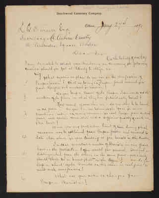 1891-01-27 Letter: John C. Gordon, Beechwood Cemetery Co., Canada, to L. G. Farmer, Secretary, pauper graves & burials, 2014.020.014-002