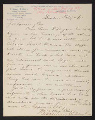 Letter: G. B. Meleney, Library Bureau, to J. W. Lovering, 1891 (page 1)