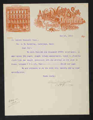 Letter: Alfred Mudge & Son to J. W. Lovering, 1891