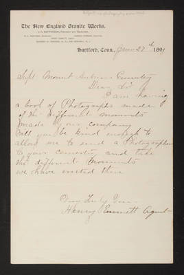 Letter: Henry Emmett, Agent for New England Granite Works to Superintendent, 1891 (page 1)