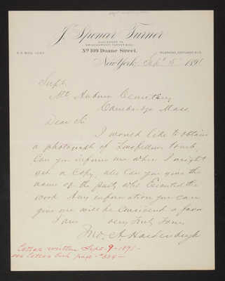 1891-09-05 Letter: Jno. A. Hardenburg to Superintendent [Lovering], Photo Request for Longfellow monument, 2014.020.014-012