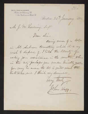 1892-01-25 Letter: John Hogg to Mr. J. W. Lovering, 1892 January 25, "owner selling lot," 2014.020.015-002
