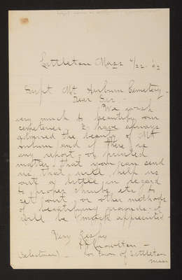 1892-04-22 Letter: A. H. Knowlton, Selectman for Littleton, Mass. to Superintendent, "advise on beautification of grounds sought," 2014.020.015-011
