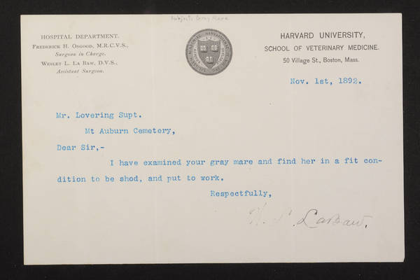 Letter: W. S. La Baw, Harvard Veterinary School, to Mr. Lovering, 1892