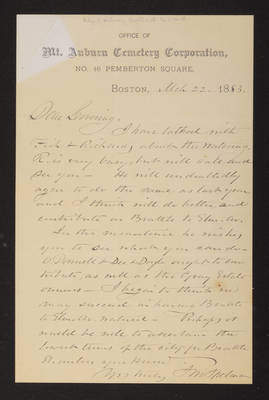 Letter: Israel M. Spelman to Lovering, 1883 March 22, "watering Brattle"