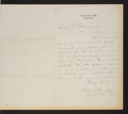 Letter: Walter W. Pike, City Clerk, Cambridge Cemetery, to Superintendent [Lovering], 1889, "City Clerk's inquiry"