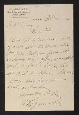 1890-10-31 Letter: Wiggins & Co. to J. W. Lovering, owner to sell, 2014.020.013-010