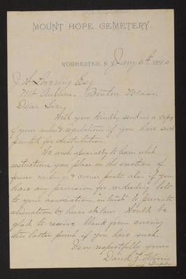 1890-01-06 Letter: David Z. Morris, Mount Hope Cemetery to J. W. Lovering, "Corporation In Trust," 2014.020.013-002