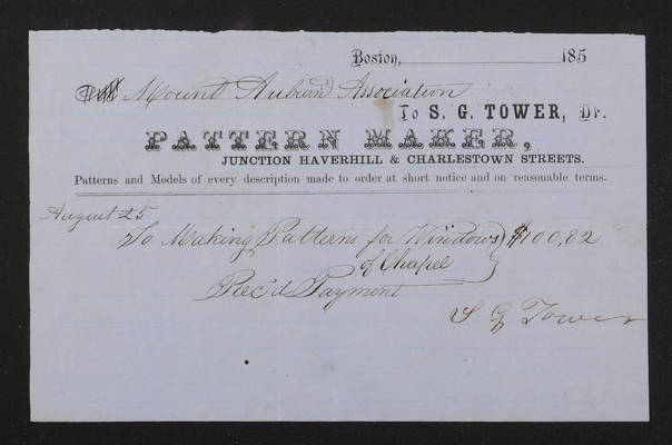 1855-08-25 Bigelow Chapel Invoice: S. G. Tower, 2021.010.004