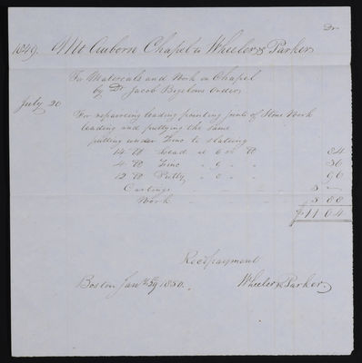 1849-07-20 Bigelow Chapel Invoice: Wheeler & Parker, 2021.016.002
