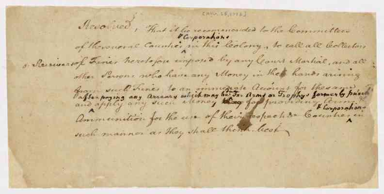 Draft resolution regarding account for fines, 1775 Aug. 25.