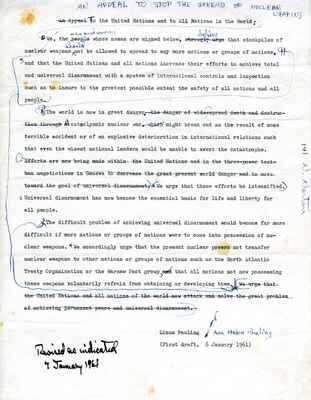 An Appeal to Stop the Spread of Nuclear Weapons (first draft). January 6, 1961. (peace5.011.1)